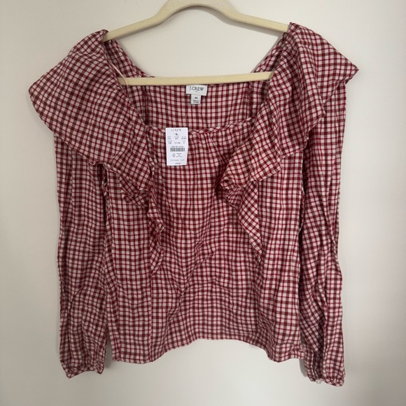 J. Crew Tops - J. Crew Flannel Square Neck Ruffle Top NWT Size M Long Sleeve Plaid Brick Red